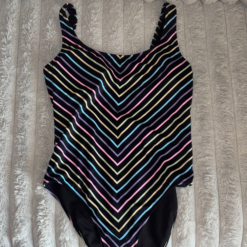 Victoria’s Secret PINK Black One-Piece Swimsuit with colored  Stripes Size M